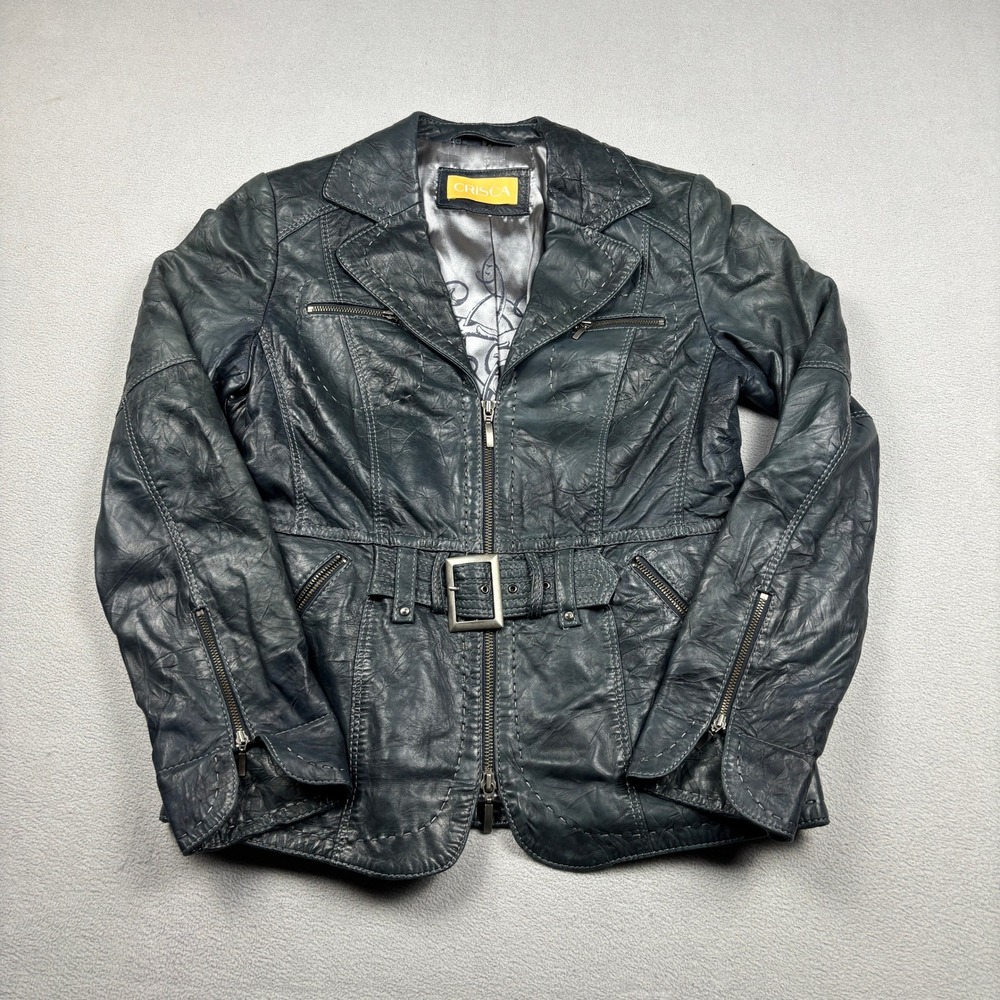 Crisca Navy Blue Genuine Lamb Leather Belted Moto Jacket Contrast Stitching